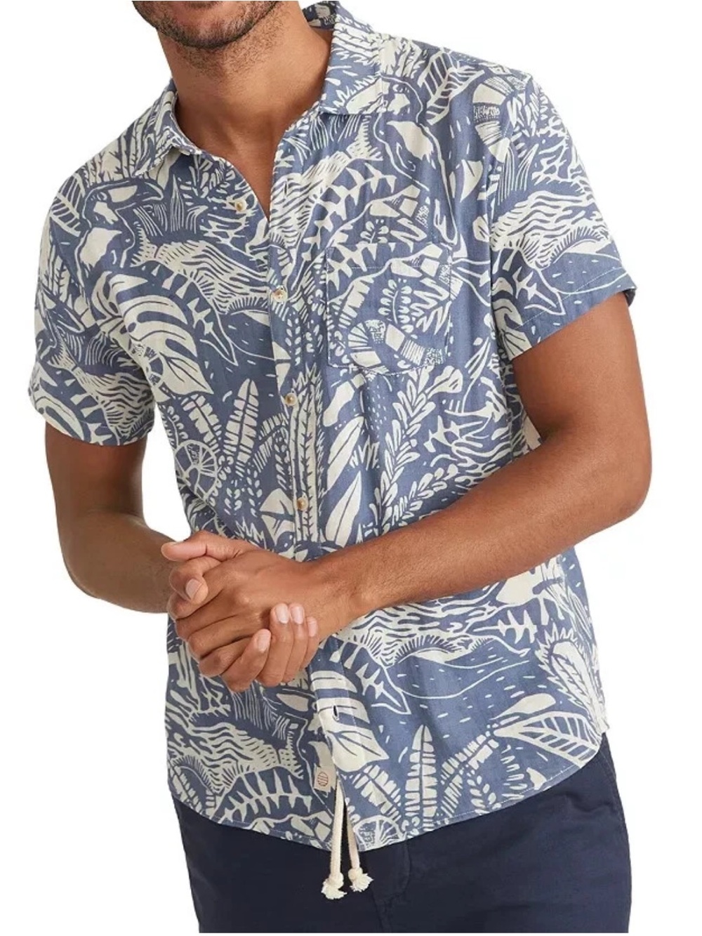 Marine Layer Short-Sleeve Blue and White Tropical Button-Up  XXLarge